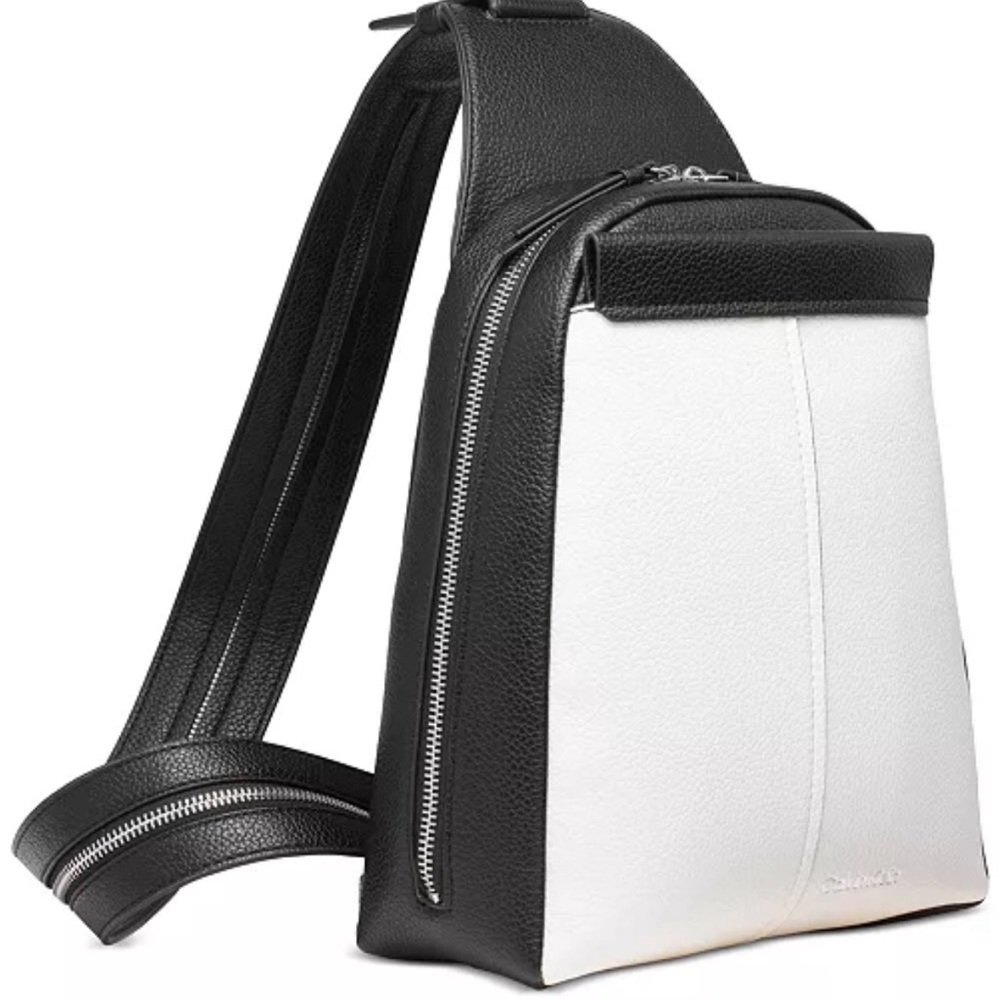 Calvin Klein Black & White vegan Leather Sling Crossbody Backpack Convertible